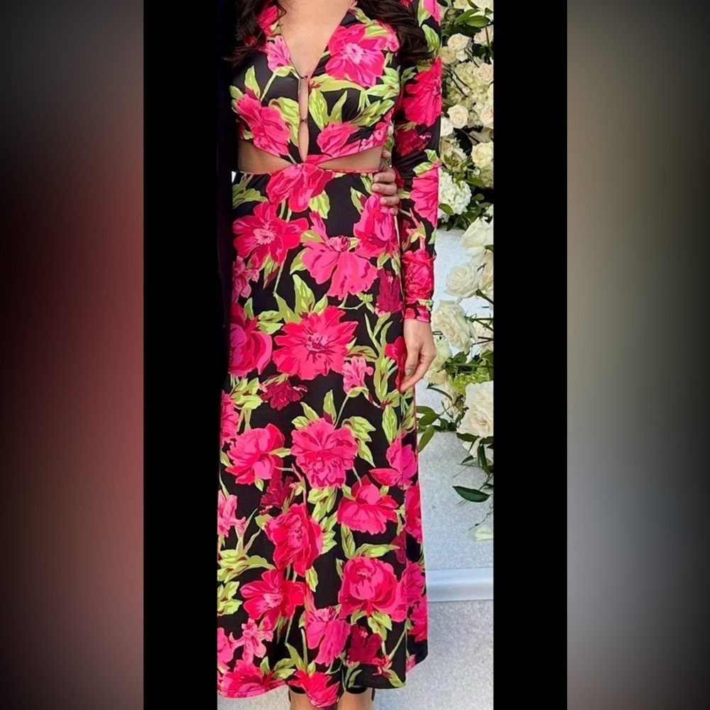 AFRM long sleeve, cut out black and hot pink floral dress w open back